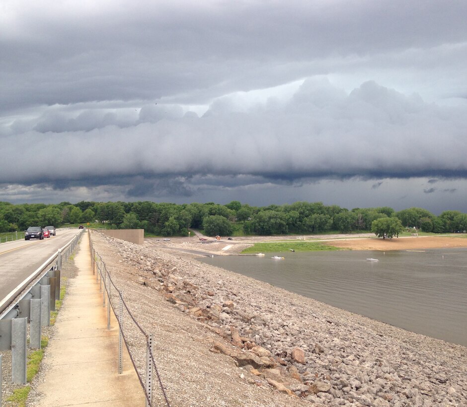 View of a storm from on top of the dam at Coralville Lake in Coralville, Iowa.