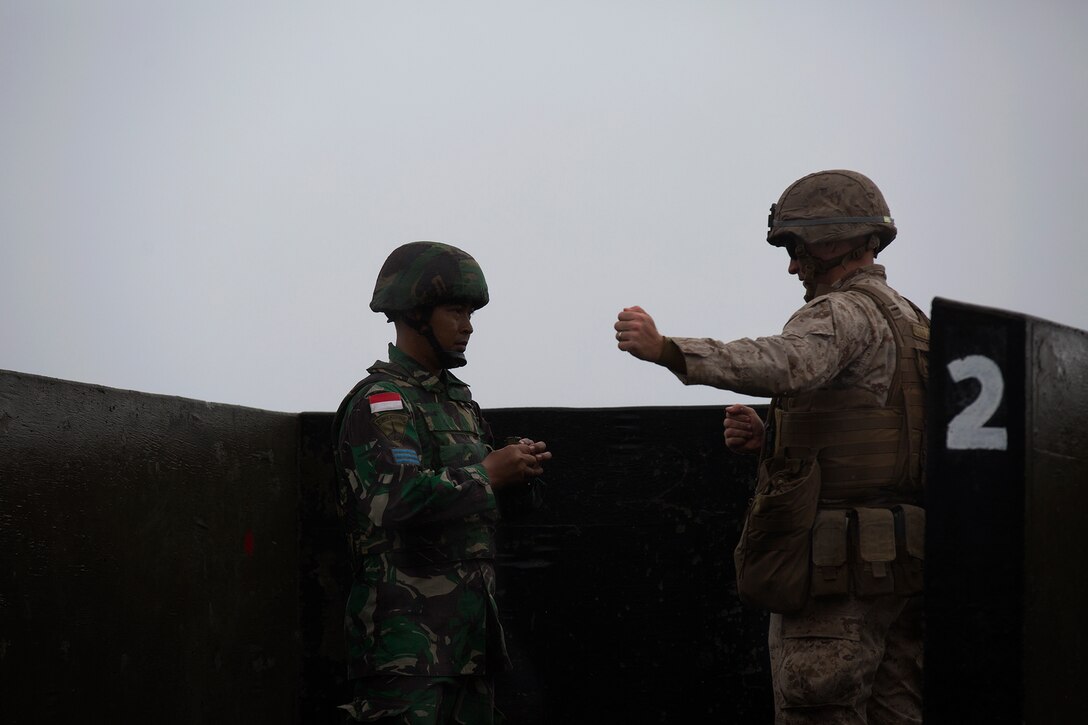 POHAKULOA TRAINING AREA, Hawaii - A Marine with India Company, 3rd Battalion, 3rd Marine Regiment instructs an Indonesian Korps Maranir prior to throwing an M67 Fragmentation grenade, July 19, during the Rim of the Pacific (RIMPAC) Exercise 2014, July 19. Twenty-two nations, 49 ships and six submarines, more than 200 aircraft and 25,000 personnel are participating in RIMPAC from June 26 to Aug. 1 in and around the Hawaiian Islands and Southern California. The world's largest international maritime exercise, RIMPAC provides a unique training opportunity that helps participants foster and sustain the cooperative relationships that are critical to ensuring the safety of sea lanes and security on the world's oceans. RIMPAC 2014 is the 24th exercise in the series that began in 1971. (U.S. Marine Corps photo by Cpl. Erik Estrada/Released)