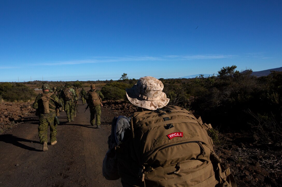 POHAKULOA TRAINING AREA, Hawaii - Cpl. Travis Snow, a Killeen, Texas native and radio operator for 3rd Battalion, 3rd Marine Regiment, and a platoon from Princess Patricia's Canadian Light Infantry hike to a range prior to conducting a live fire shoot, during the Rim of the Pacific (RIMPAC) Exercise 2014, July 18. Twenty-two nations, 49 ships and six submarines, more than 200 aircraft and 25,000 personnel are participating in RIMPAC from June 26 to Aug. 1 in and around the Hawaiian Islands and Southern California. The world's largest international maritime exercise, RIMPAC provides a unique training opportunity that helps participants foster and sustain the cooperative relationships that are critical to ensuring the safety of sea lanes and security on the world's oceans. RIMPAC 2014 is the 24th exercise in the series that began in 1971. (U.S. Marine Corps photo by Cpl. Erik Estrada/Released)