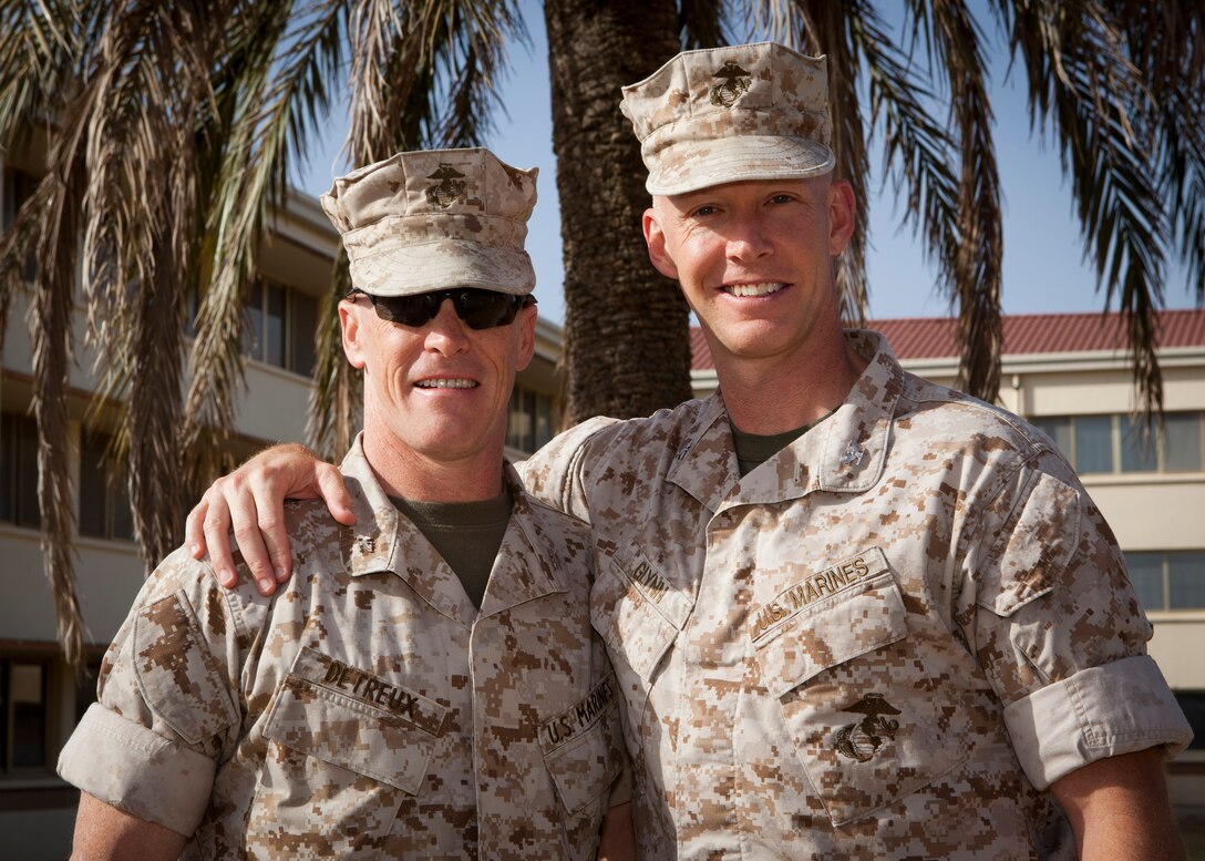 Col. Detreux and Col. Glynn pose for a photo at Moron Air Base, Spain, July 16, 2014. (U.S. Marine Corps photo by Cpl. Tia Dufour/Released)