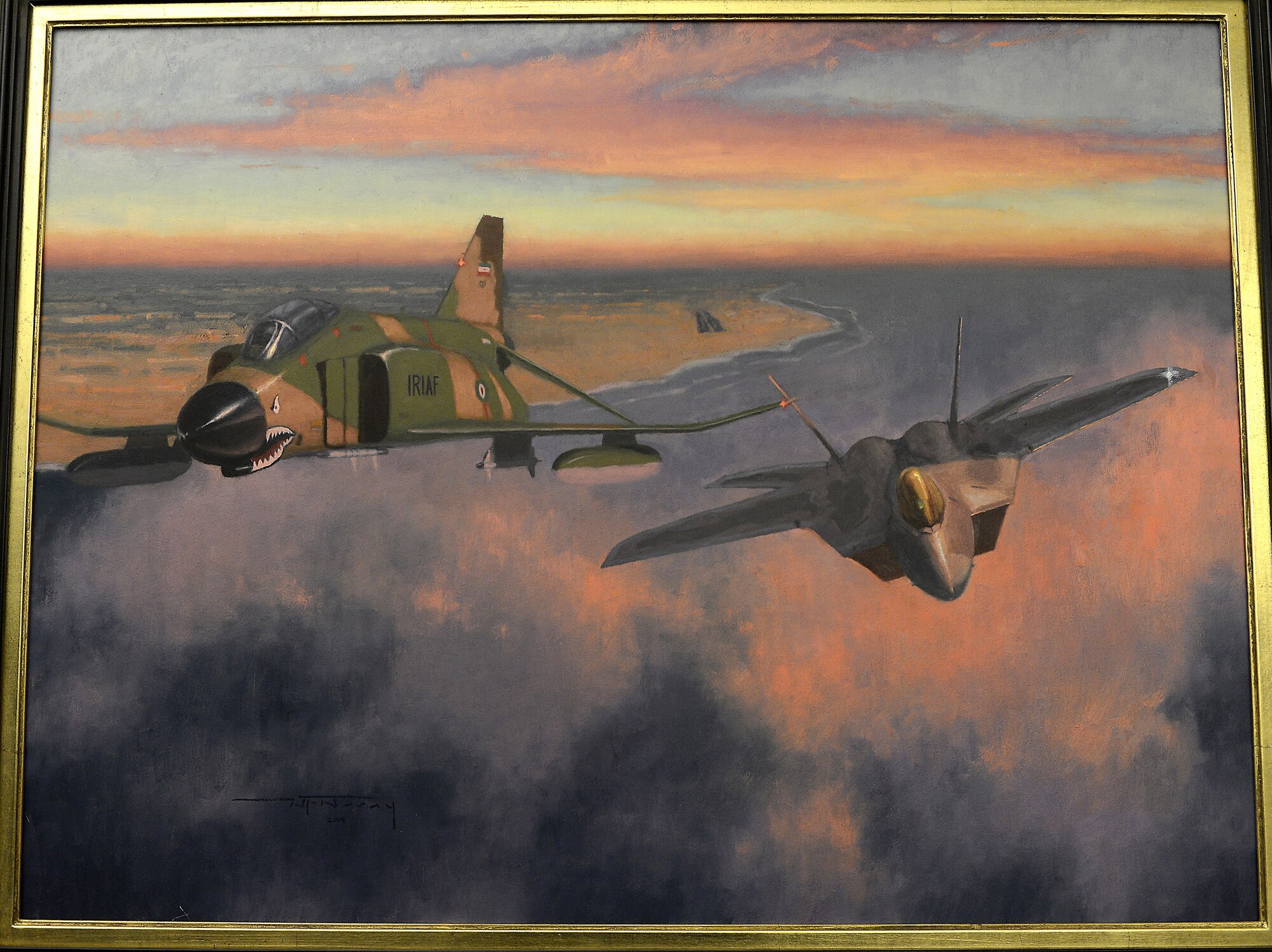 "Showtime" is a piece of art painted by Maj. Warren Neary, and was presented to Air Force Chief of Staff Gen. Mark A. Welsh III June 20, 2014, in the Pentagon. Neary is a U.S. Air Force Reserve historian and contributed "Showtime" and another work, titled "Bandage 33," through the Air Force Art Program. (U.S. Air Force photo/Scott M. Ash)
