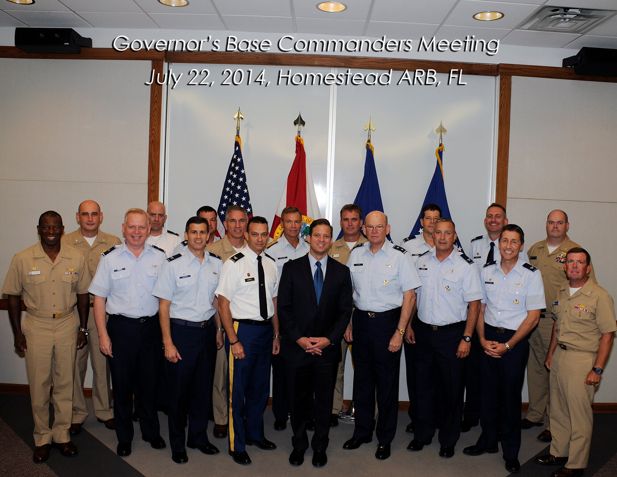 Seventeen commanders and support staff from various military installations throughout the state met with Lt. Gov. Carlos Lopez-Cantera and other state agencies at Homestead Air Reserve Base, Fla., July 22. The Florida Governor’s Base Commanders Meeting was developed to bring together state agencies with all military base commanders to enrich the relationship between the state and the military. (U.S. Air Force photo/Senior Airman Aja Heiden)