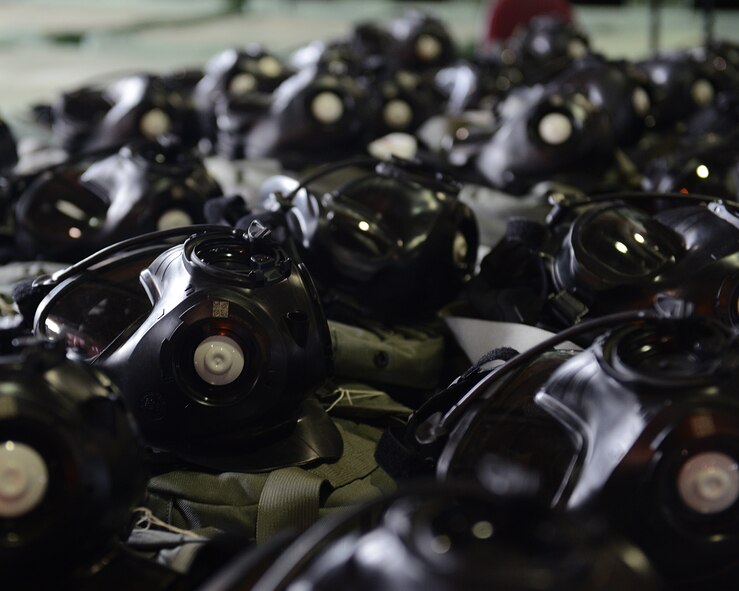 M-50 Joint Service General Purpose Masks await to be inspected at Barksdale Air Force Base, La., July 21, 2014. The M-50 gas mask provides protection from nuclear, biological and chemical agents. (U.S. Air Force photo/Senior Airman Benjamin Gonsier)