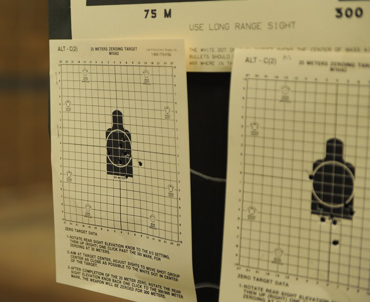 Qualification targets hang inside the Dyess indoor firing range during a qualification shoot July 18, 2014, at Dyess Air Force Base, Texas. Airmen zero their rifles at 25 meters with targets of varying sizes designed to simulate ranges up to 300 meters. (U.S. Air Force photo by Airman 1st Class Alexander Guerrero/Released)