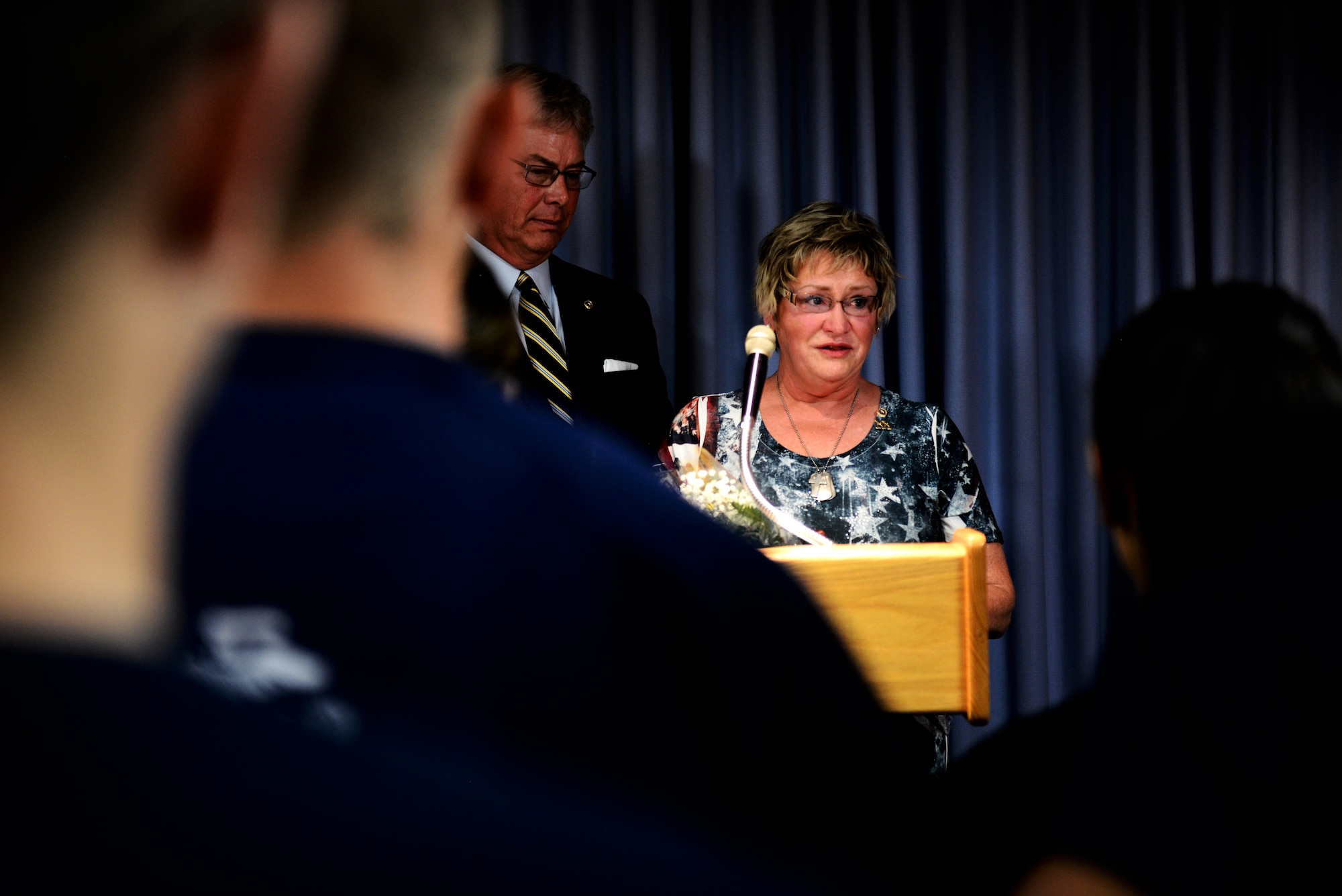 Sherry Wyatt, the mother of U.S. Army Spc. Sterling Wyatt, expresses her gratitude to the attendees of the dedication ceremony at the St. Louis Military Entrance Processing Station in St. Louis, Mo., July 17, 2014.  The specialist was killed in action when his vehicle was attacked with an enemy IED while on patrol in Kandahar Province Afghanistan July 11, 2011. (U.S. Air Force photo by Senior Airman Jake Eckhardt)