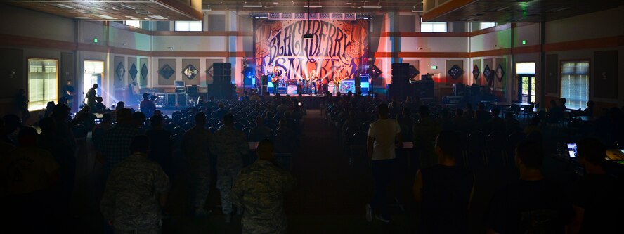 Blackberry Smoke entertains Airmen stationed at Malmstrom Air Force Base, Montana, during a free concert held July 22, 2014. The concert was hosted by the USO and was the first time the southern rock band had visited Malmstrom. (U.S. Air Force photo/Tech. Sgt. Chad Thompson)