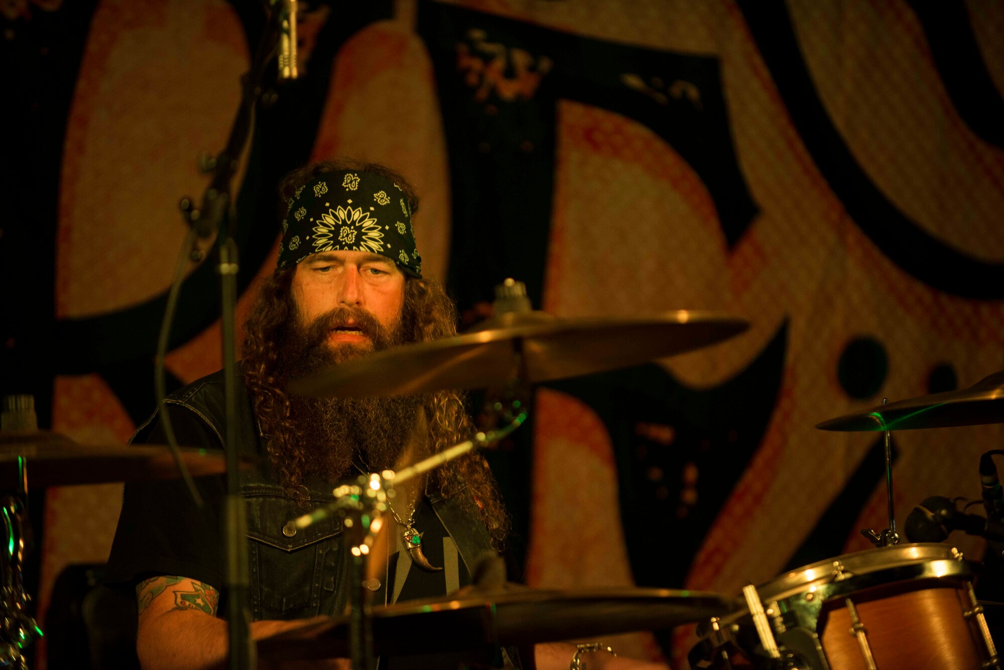 Blackberry Smoke drummer, Brit Turner plays at the Minot Air Force Base Theater July 21, 2014. The band performed their mix of bluegrass and Southern rock. (U.S. Air Force photos/Airman 1st Class Lauren Pitts)     