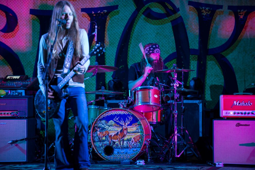 Blackberry Smoke lead vocalist, Charlie Starr and drummer, Brit Turner perform at Minot Air Force Base, N.D., July 21, 2014. Minot AFB was the band’s first stop on their USO tour. (U.S. Air Force photos/Airman 1st Class Lauren Pitts)     