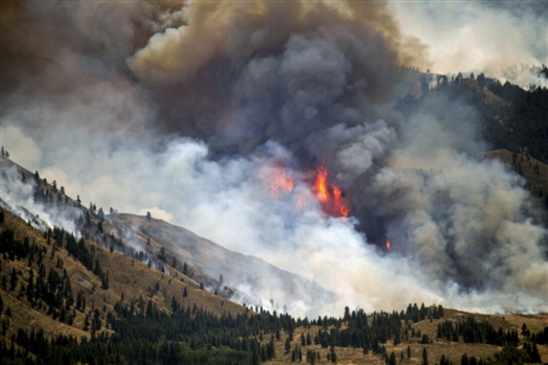 A wildfire, known as the Carlton Complex fire, burns out of control near Winthrop, Wash., July 18, 2014. Soldiers assigned to the 66th Theater Aviation Command, Washington Army National Guard, brought six helicopters to the area to assist firefighters on the ground. 