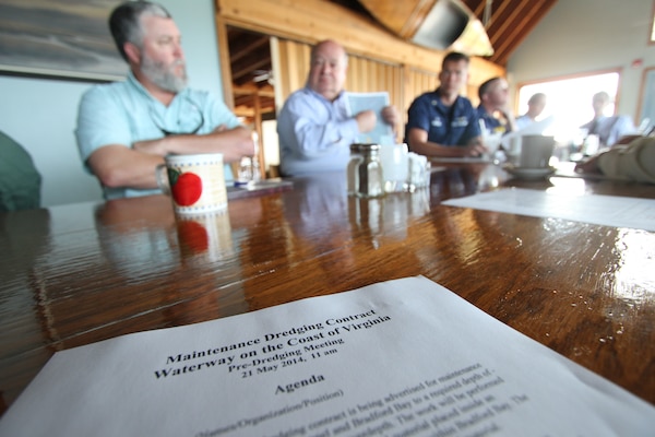 WACHAPREAGUE, Va. – Stakeholders meet with representatives from the Norfolk District, U.S. Army Corps of Engineers here May 21, 2014. The meeting was an opportunity for Norfolk District experts to talk about and answer questions regarding the upcoming maintenance dredging project, which will dredge Finney Creek and Bradford Bay near Wachapreague in August 2014. (U.S. Army photo/Kerry L. Solan)