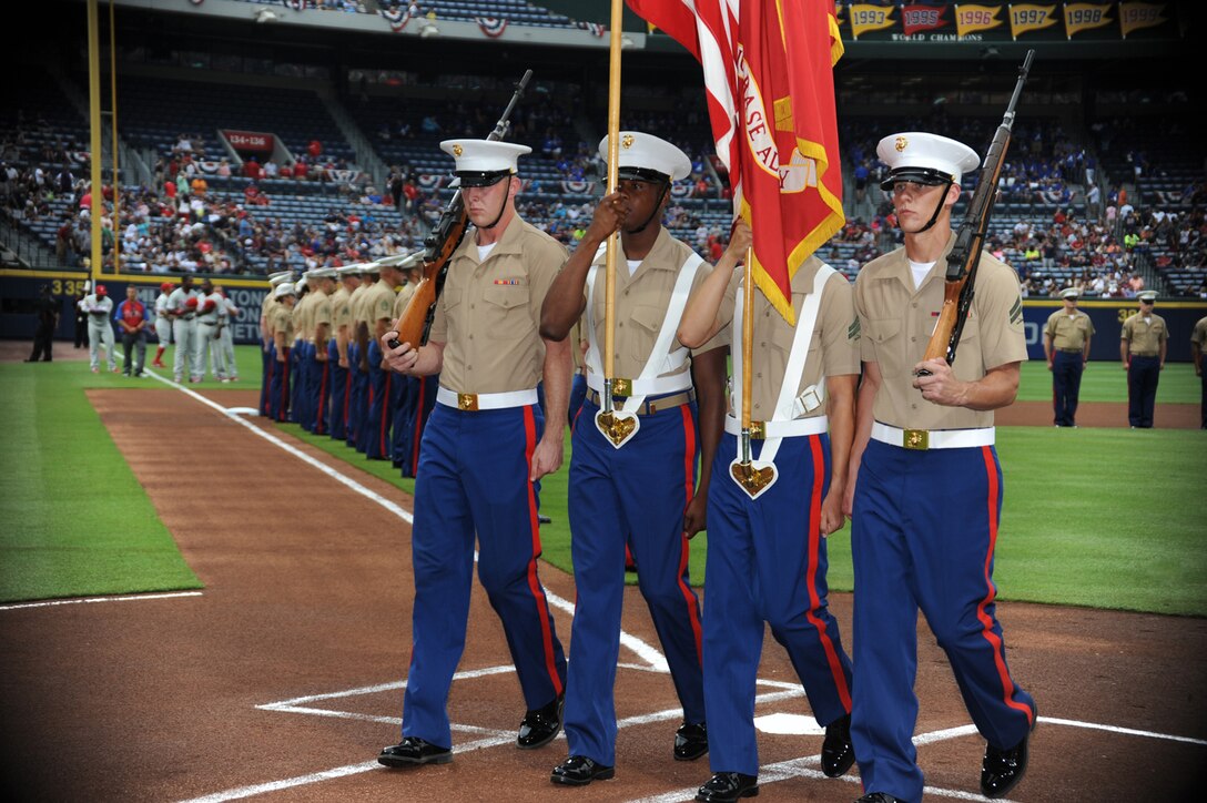 Marine Corps Logistics Base Albany’s Color Guard detail presents colors during the Atlanta Braves’ Marine Corps Appreciation Day game at Turner Field in Atlanta, Georgia, July 19.