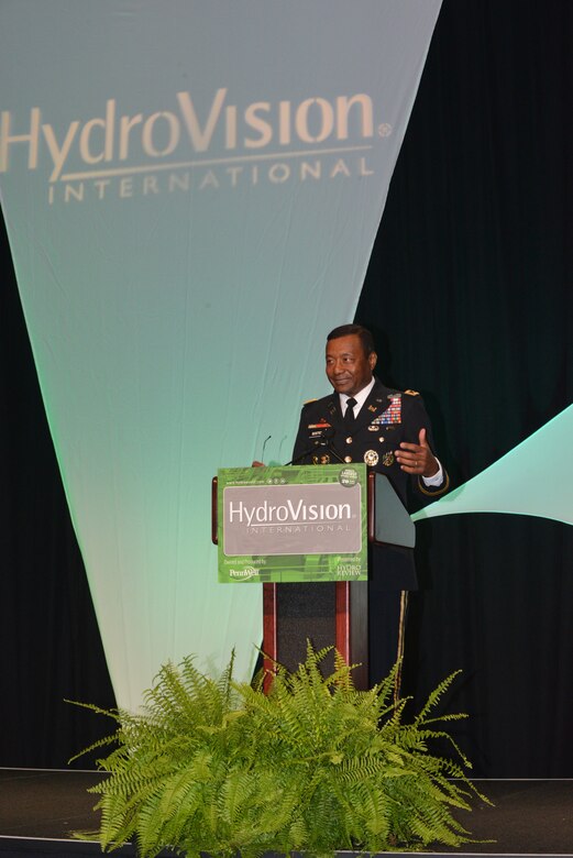Lt. Gen. Thomas Bostick, U.S. Army Corps of Engineers commander and chief of engineers, speaks July 22, 2014 to more than 3,000 hydro experts from over 50 countries attending HydroVision International, the world's largest hydro event at Music City Center in Nashville, Tenn. (USACE photo by Mark Rankin)