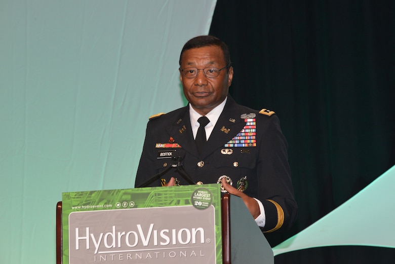 Lt. Gen. Thomas Bostick, U.S. Army Corps of Engineers commander and chief of engineers, speaks July 22, 2014 to more than 3,000 hydro experts from over 50 countries attending HydroVision International, the world's largest hydro event at Music City Center in Nashville, Tenn. (USACE photo by Mark Rankin)