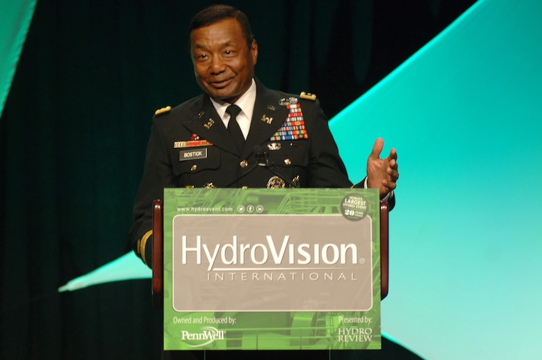 Lt. Gen. Thomas Bostick, U.S. Army Corps of Engineers commander and chief of engineers, speaks July 22, 2014 to more than 3,000 hydro experts from over 50 countries attending HydroVision International, the world's largest hydro event at Music City Center in Nashville, Tenn. (USACE photo by Leon Roberts)