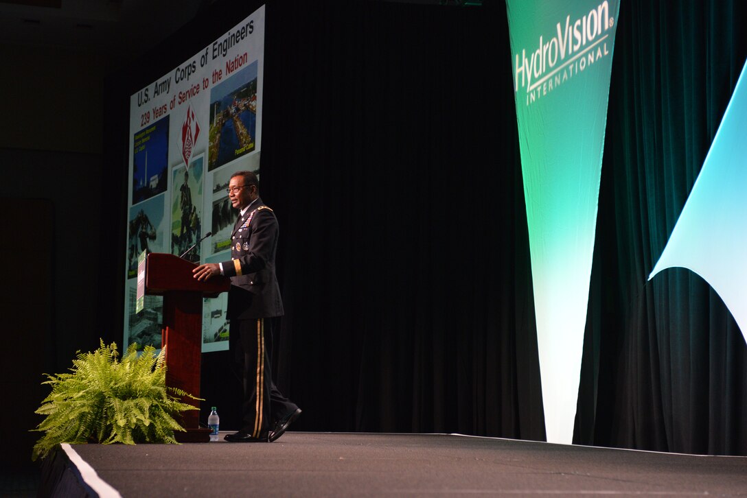 Lt. Gen. Thomas Bostick, U.S. Army Corps of Engineers commander and chief of engineers, speaks July 22, 2014 to more than 3,000 hydro experts from over 50 countries attending HydroVision International, the world's largest hydro event at Music City Center in Nashville, Tenn. (USACE photo by Mark Rankin)