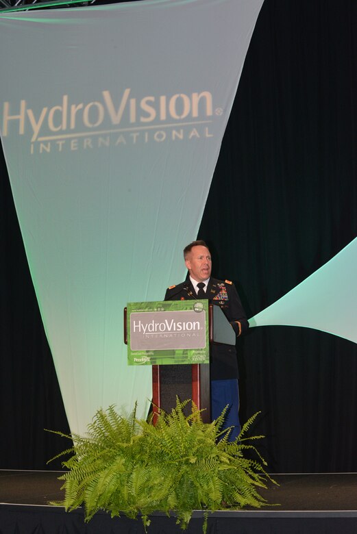 U.S. Army Corps of Engineers’ Great Lakes and Ohio River Division Commander, Col. Steven J. Roemhildt speaks at the 2014 HydroVision conference in the Music City Center, Nashville, Tenn., July 22, 2014.  The four-day event, which has been held for two decades, highlights the work of the U.S. Army Corps of Engineers, which is working on a $1 billion project to renovate aging hydroelectric generators across the region.
