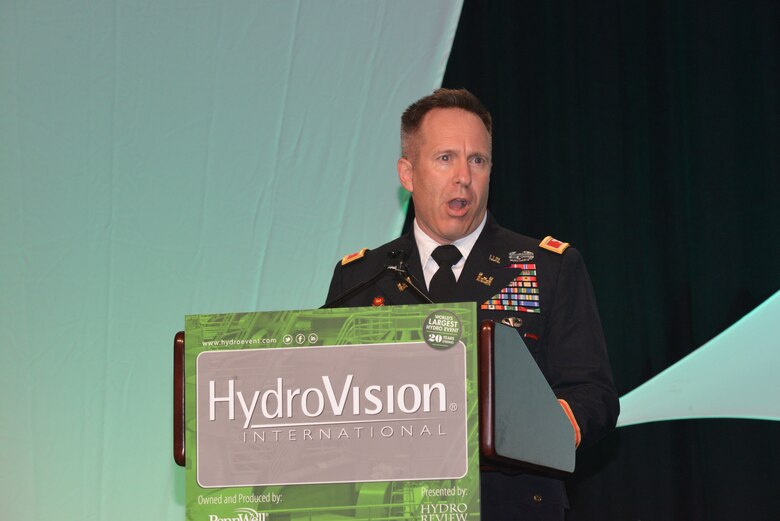 U.S. Army Corps of Engineers’ Great Lakes and Ohio River Division Commander, Col. Steven J. Roemhildt speaks at the 2014 HydroVision conference in the Music City Center, Nashville, Tenn., July 22, 2014.  The four-day event, which has been held for two decades, highlights the work of the U.S. Army Corps of Engineers, which is working on a $1 billion project to renovate aging hydroelectric generators across the region.