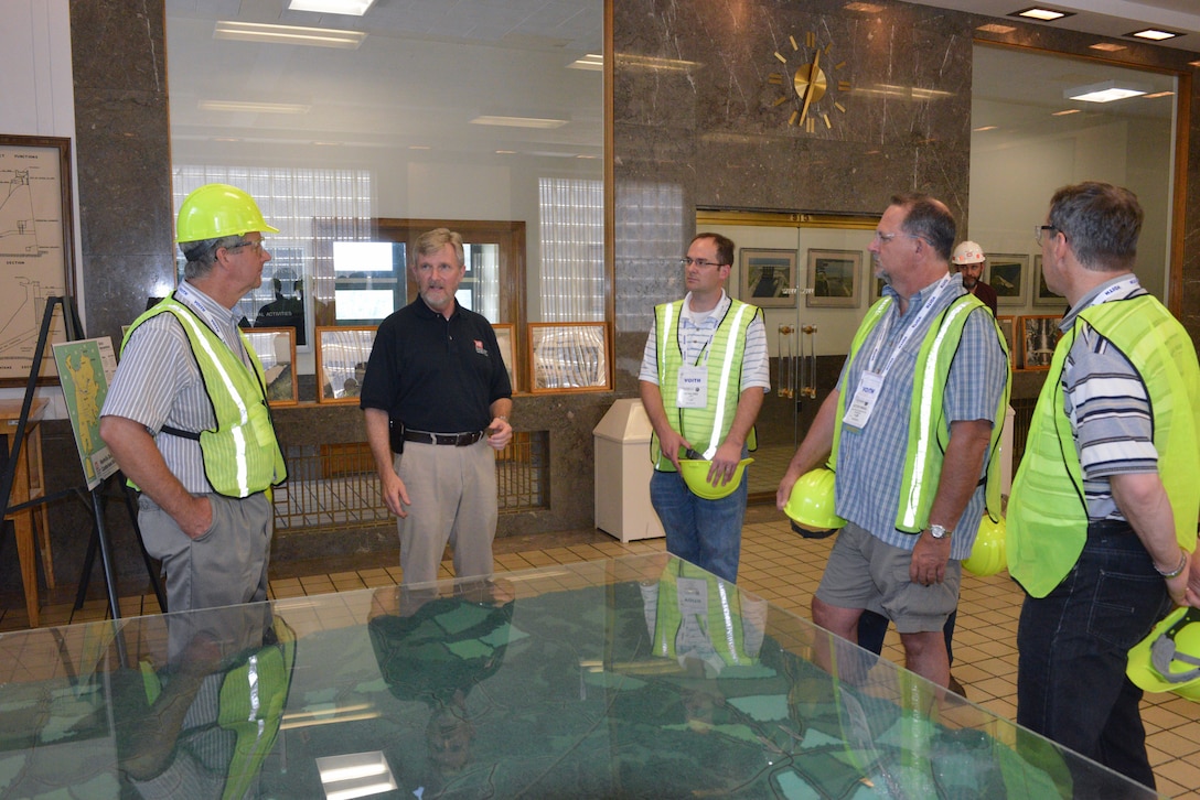 Jamie James, Nashville District Hydropower program manager gives a safety brief to a group from the HydroVision conference before going on a tour of the Center Hill Dam Power plant July 22, 2014. 