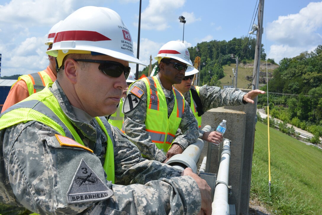 U.S. Army Corps of Engineers’ Great Lakes and Ohio River Division Commander, Col. Steven J. Roemhildt looks over the Center Hill Dam with Lt. Gen. Thomas P. Bostick, the Army's chief of engineers and USACE commanding general during a visit July 22, 2014.