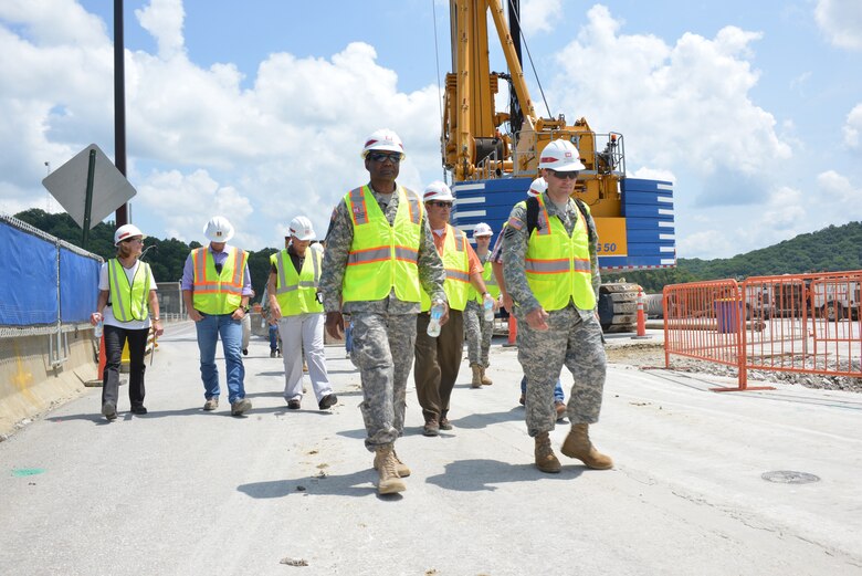 Lt. Gen. Thomas P. Bostick, the Army's chief of engineers and USACE commanding general and Nashville District commander, Lt. Col. John L. Hudson walk along the Center Hill Dam construction site during a visit on July 22, 2014. 
