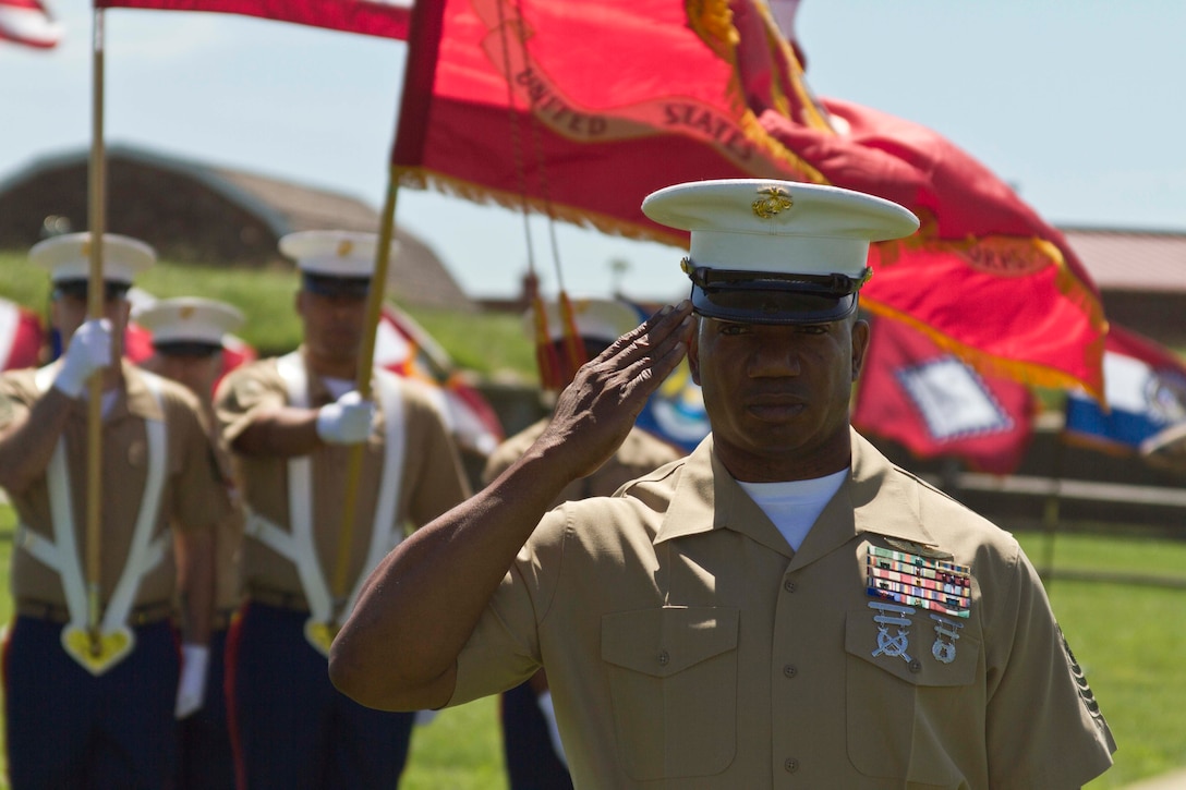 U.S. Marine Corps Master Gunnery Sgt. Richard W. Babb renders a salute during his retirement ceremony at Fort McHenry in Baltimore, Md., June 20, 2014. The Trinidad native enlisted in the Marine Corps on August 1, 1984 and following recruit training went on to become a combat engineer. Babb deployed to the Mediterranean, North Africa, Japan, the Republic of Korea, Thailand, the South China Sea and participated in Operations Desert Shield and Desert Storm. He was also assigned to the Marine Corps Research and Development and Acquisition Command at Quantico, VA as a test operator of prototypes in the Emerging Technology and Mine/Counter-mine Warfare Systems section. In 1995, Babb reported for recruiting duty in Washington D.C. and has worked within the Marine Corps Recruiting Command for the past 18 years, serving in various positions such as canvassing recruiter, sub-station commander, assistant recruiter instructor and recruiter instructor. In September 2008, Babb was assigned to be the recruiter instructor for RS Baltimore, which would be his final duty station. Babb’s dedication to his duties directly influenced RS Baltimore’s success, earning them recognition by the Commandant of the Marine Corps as one of the superior recruiting stations in the nation for the years of 2008, 2009, 2011, and 2013. (U.S. Marine Corps photo by Sgt. Bryan Nygaard/Released)