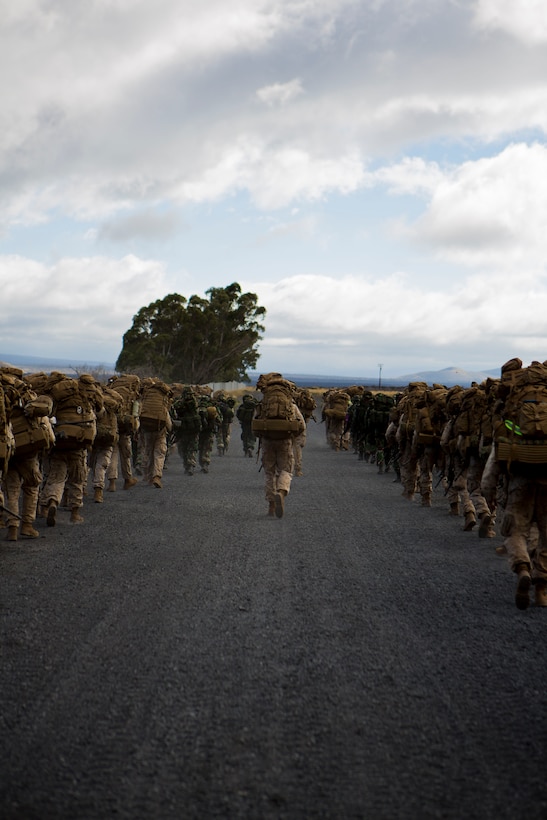 POHAKULOA TRAINING AREA, Hawaii - U.S. Marines, with India Company, 3rd Battalion, 3rd Marine Regiment, hike across Pohakuloa Training Area, Hawaii, July 18, 2014. The hike was a movement to get from base camp to their staging area, where they will begin training on multiple different ranges, each offering their own unique functions. Twenty-two nations, more than 40 ships and submarines, about 200 aircraft and 25,000 personnel are partcipating in RIMPAC from June 26 to Aug. 1 in and around the Hawaiian Island and Southern California. The world’s largest international maritime exercise, RIMPAC provides a unique training opportunity that helps foster and sustain the cooperative relationships that are critical to ensuring the safety of sea lanes and security on the world’s oceans. RIMPAC 2014 is the 24th exercise in the series that began in 1971. (U.S. Marine Corps photo by Lance Cpl. Wesley Timm/Released)