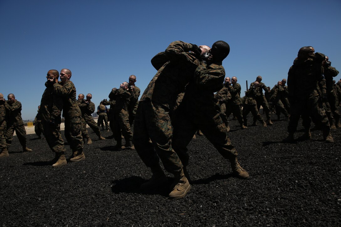 Recruit Shawn E. Dukes, Platoon 3223, Kilo Company, 3rd Recruit Training Battalion, puts Recruit Seamus R. Hall, Plt. 3222, in a choke hold during a Marine Corps Martial Arts Program session at Marine Corps Recruit Depot San Diego, July 21. Safety is paramount during MCMAP training, so the recruit being choked simply tapped the arm of the other recruit, signaling a successful choke hold.  Hall is a native of Chicago and was recruited out of Recruiting Substation North Center, Ill. Dukes is a native of Gary, Ind., and was recruited of out of Recruiting Substation Crown Point, Ind. 