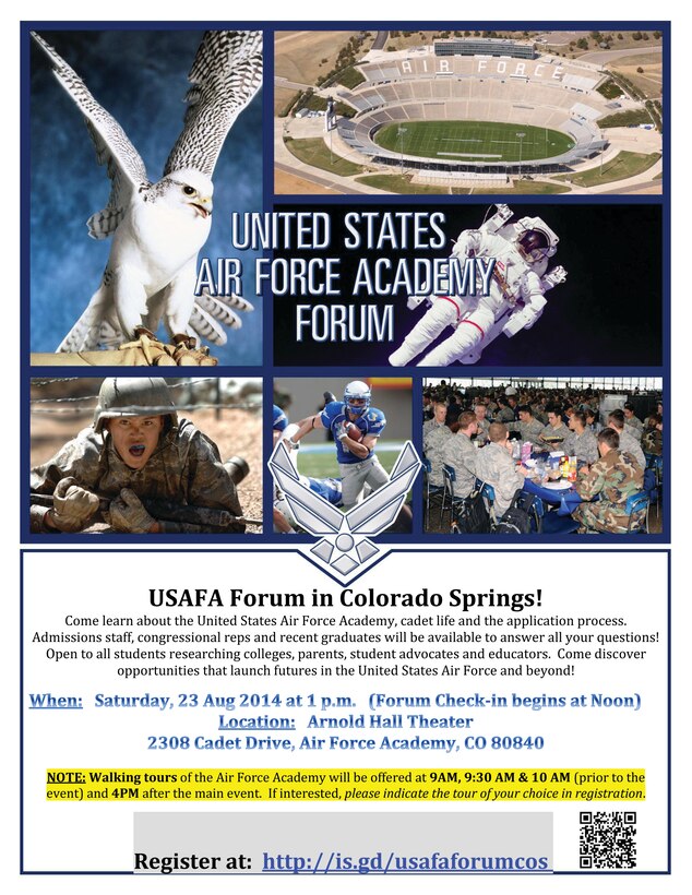The United States Air Force Academy will host an Admissions Forum on Saturday, August 23 at 1 p.m. at Arnold Hall Theater.