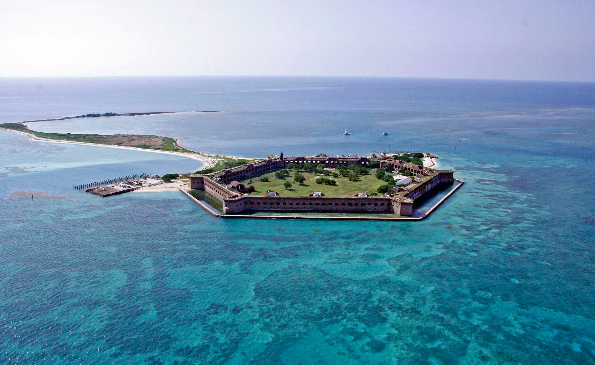 An aerial view of the Dry Tortugas National Park, Fla., as seen from a U.S.
Customs and Border Protection Black Hawk UH-60 helicopter July 17. Members
from CBP and the 482nd Fighter Wing ventured to the park to see 482nd Civil
Engineers from Homestead Air Reserve Base, Fla., in action working to improve living conditions while accomplishing required military training. (U.S. Air Force photo/Maj. Brooke Cortez)