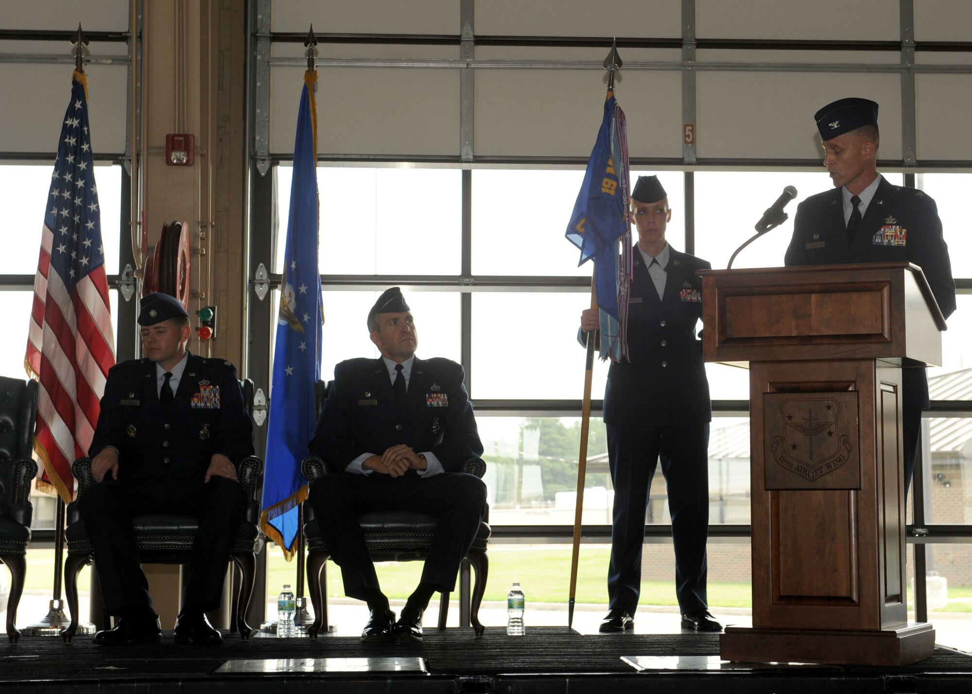 Lt. Col. Michael Klapmeyer, 19th Civil Engineer Squadron commander, gives remarks after accepting command of the 19th CES July 11, 2014, at Little Rock Air Force Base, Ark. (U.S. Air Force photo by Airman 1st Class Scott Poe)