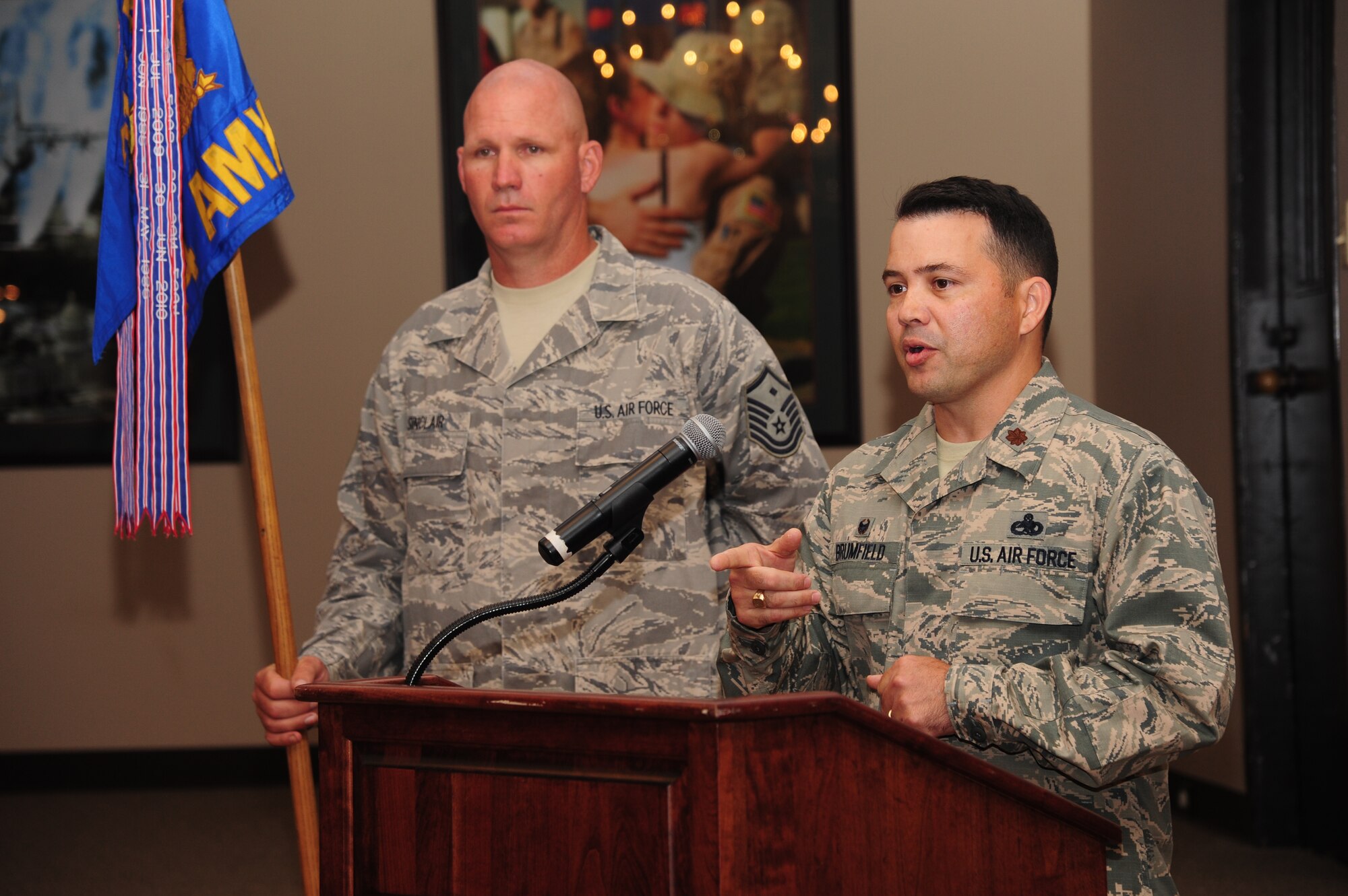 Maj.Darren Brumfield, 314th Aircraft Maintenance Squadron commander, during the 314th Aircraft Maintenance Squadron change of command ceremony, July 8, 2014, at Little Rock Air Force Base, Ark. (U.S. Air Force photo by Senior Airman Kaylee Clark)