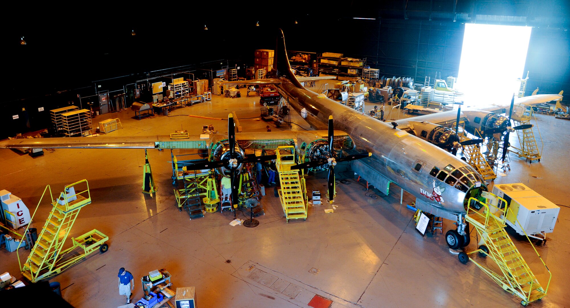 A B-29 Superfortress nicknamed ‘Doc,’ is being restored by volunteers inside a Boeing hanger, July 22, 2014, in Wichita, Kansas. The aircraft was originally built in Wichita during World War II and has since returned in 2000 to be restored. Project leadership are expecting to test-fly the aircraft later this year. (U.S. Air Force photo/Airman 1st Class John Linzmeier)