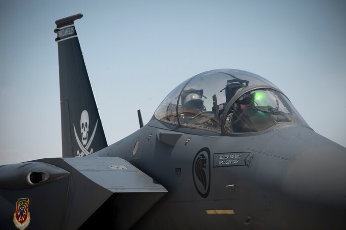 Republic of Singapore air force aircrew members assigned to the 366th Fighter Wing, 428th Fighter Squadron, Mountain Home Air Force Base, Idaho, perform pre-flight checks prior to a Red Flag 14-3 training mission, July 18, 2014, at Nellis AFB, Nev. The 428th FS is RSAF overseas-based fighter training detachment; the experiences gained during Red Flag are intended to improve the chance of success for aircrews in combat. (U.S. Air Force photo by Lawrence Crespo)