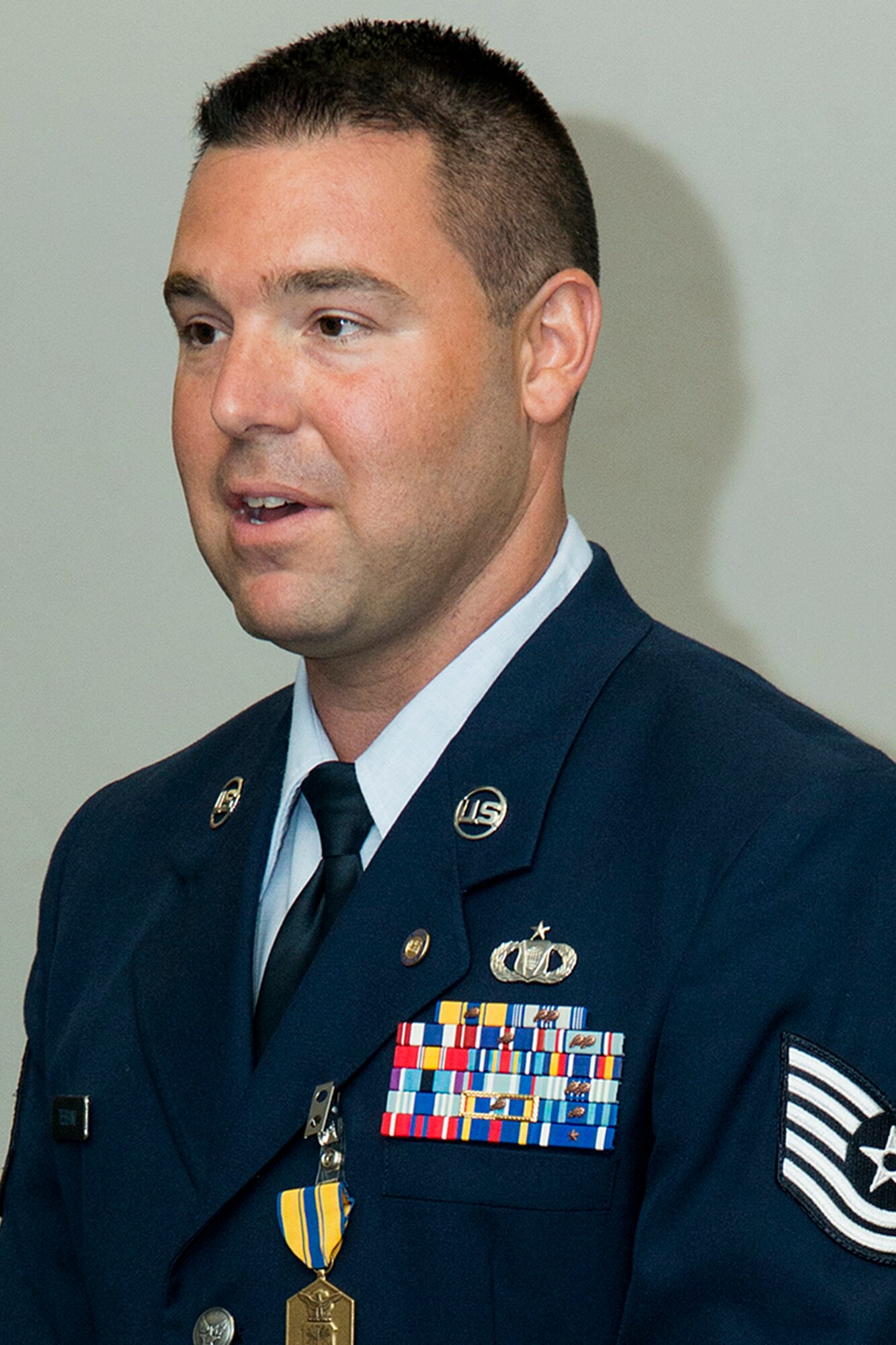 U.S. Air Force Tech. Sgt. Eric Tebbano speaks during his retirement ceremony, July 18, 2014, Barksdale Air Force Base, La. Tebbano is a Command and Control specialist and is retiring from the Air Force after 10 years of service. (U.S. Air Force photo by Master Sgt. Greg Steele/Released)