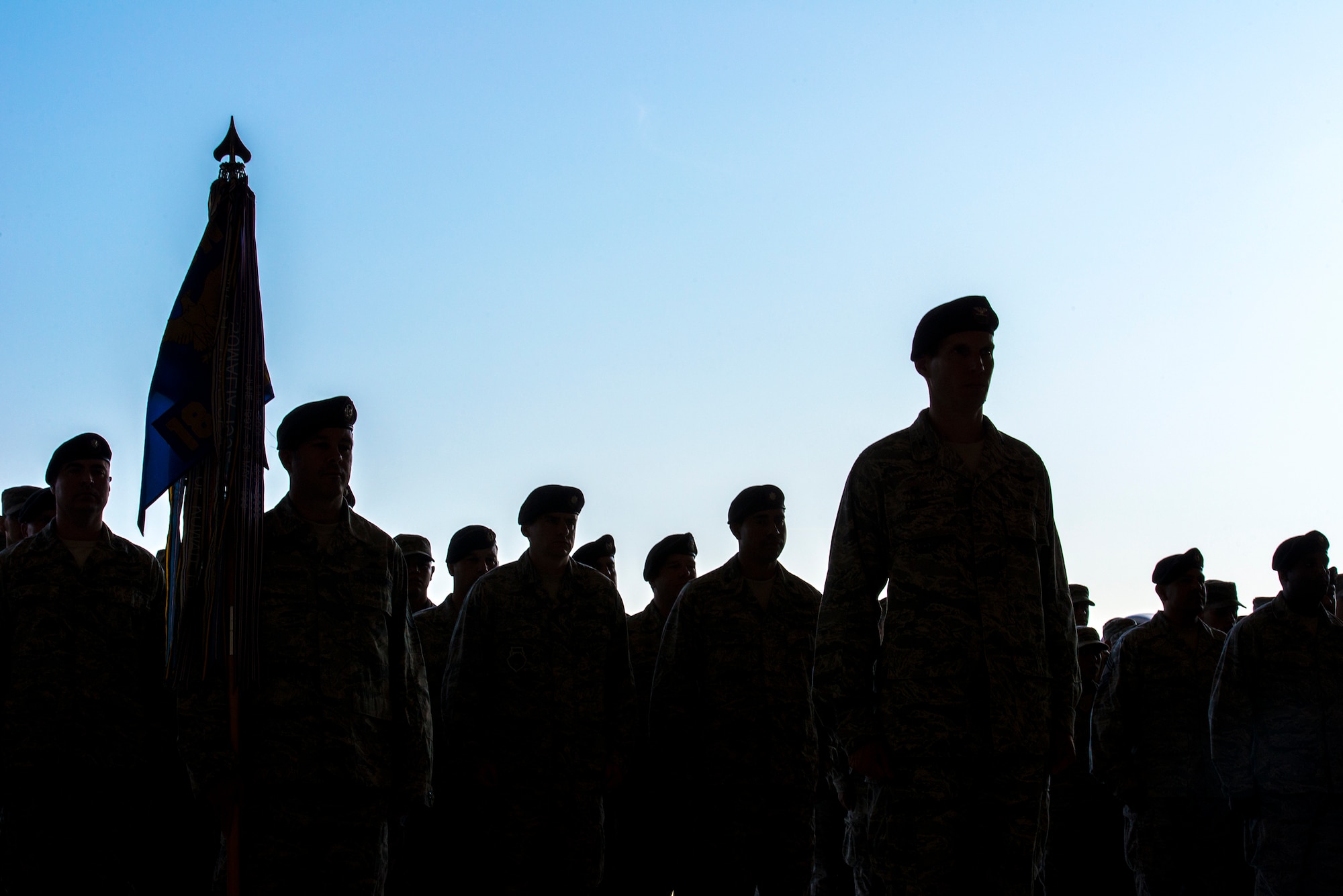 Airmen from the 93d Air Ground Operations Wing stand in formation during a change of command ceremony at Moody Air Force Base, Ga., July 23, 2014. The 93d AGOW consists of three groups comprised of more than 2,800 Airmen at 20 locations throughout the continental U.S. (U.S. Air Force photo by Airman 1st Class Ryan Callaghan/Released)
