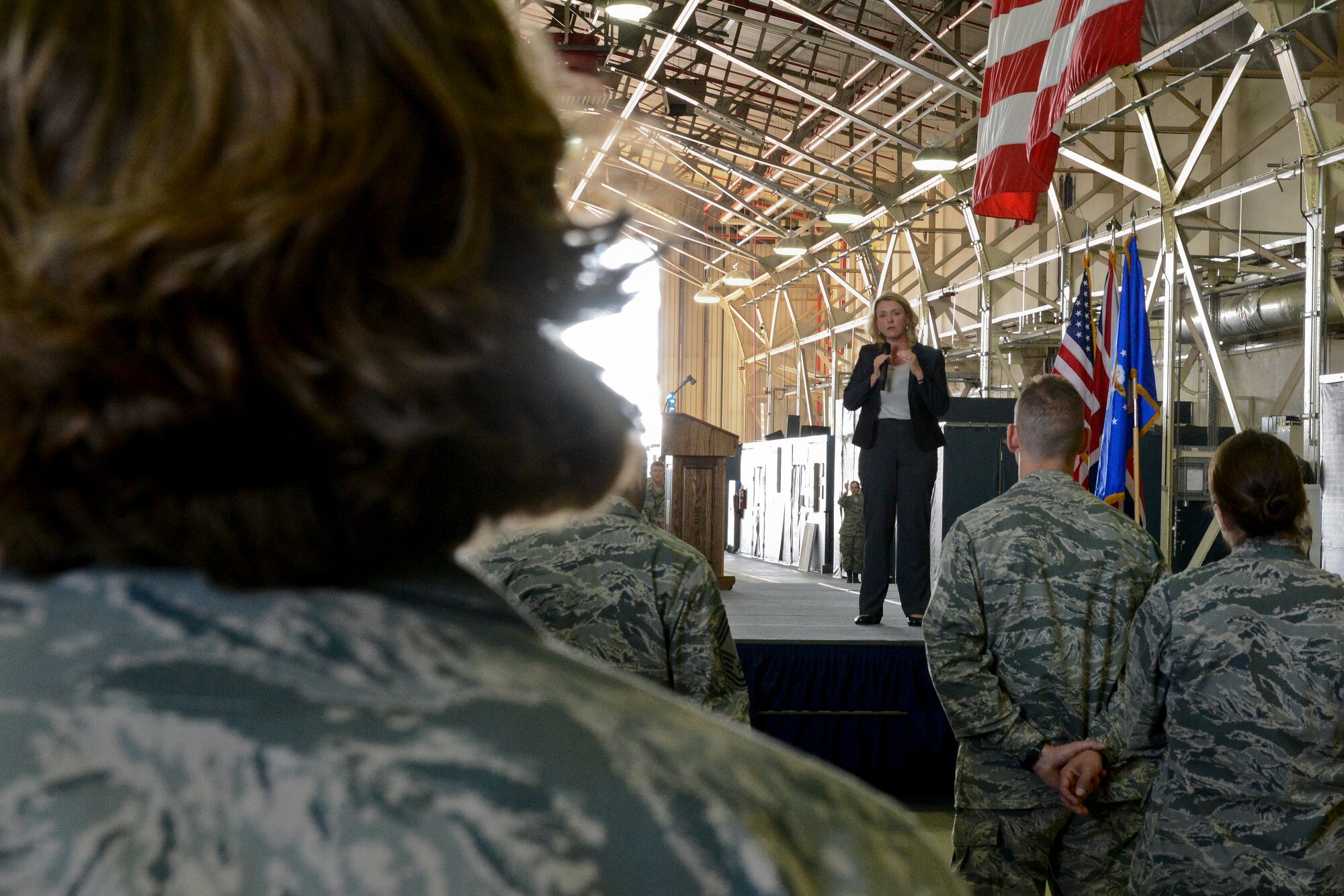 Secretary of the Air Force Deborah Lee James answers a question during a meeting with Liberty Airmen at Royal Air Force Lakenheath, England, July 18, 2014. James shared with Airmen her priorities of taking care of people, balancing the readiness of today with the readiness of tomorrow, and making every dollar count. (U.S. Air Force photo by Airman 1st Class Trevor T. McBride/Released)  