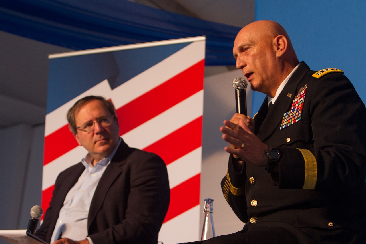 David Sanger, chief Washington correspondent for the New York Times, listens as Army Chief of Staff Gen. Ray Odierno responds to a question at the Aspen Security Forum in Aspen Colo., July 23, 2014. U.S. Army photo by Staff Sgt. Mikki L. Sprenkle