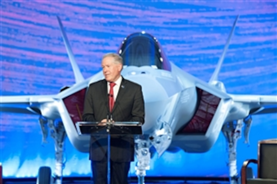 Frank Kendall, undersecretary of defense for acquisition, technology and logistics, speaks at a roll-out ceremony for the first two F-35 Lightning II joint strike fighter aircraft for the Royal Australian Air Force at Lockheed Martin in Fort Worth, Texas, July 24, 2014. Kendall said the aircraft represents an exponential leap in capability on the cutting edge of technology, and is an integral component of the ongoing U.S. and Australian commitment to stability in the Asia-Pacific region.