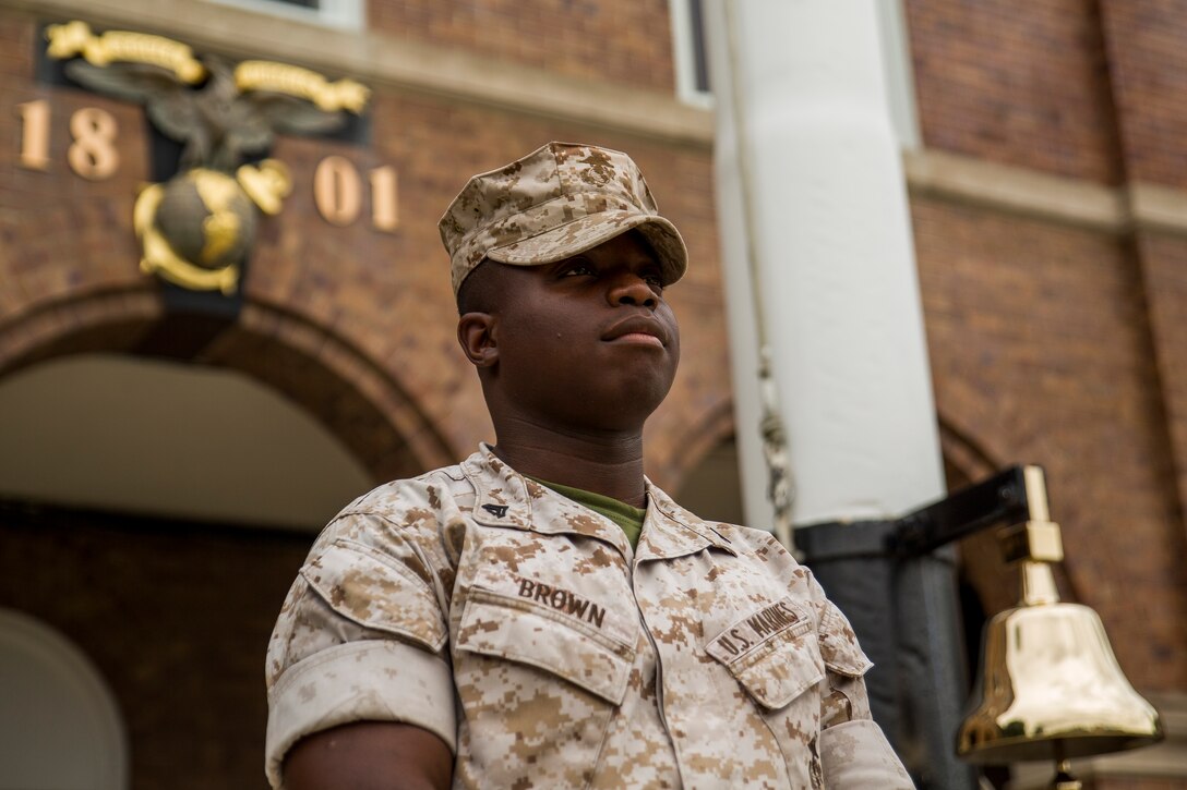 Cpl. Andre Brown, Marine Barracks Washington, D.C. administrative clerk, dreams of teaching high school history after he leaves the Marine Corps. For now, he is allowing the Corps to shape him into a leader for his future career. (Official Marine Corps photo by Cpl. Dan Hosack/Released)