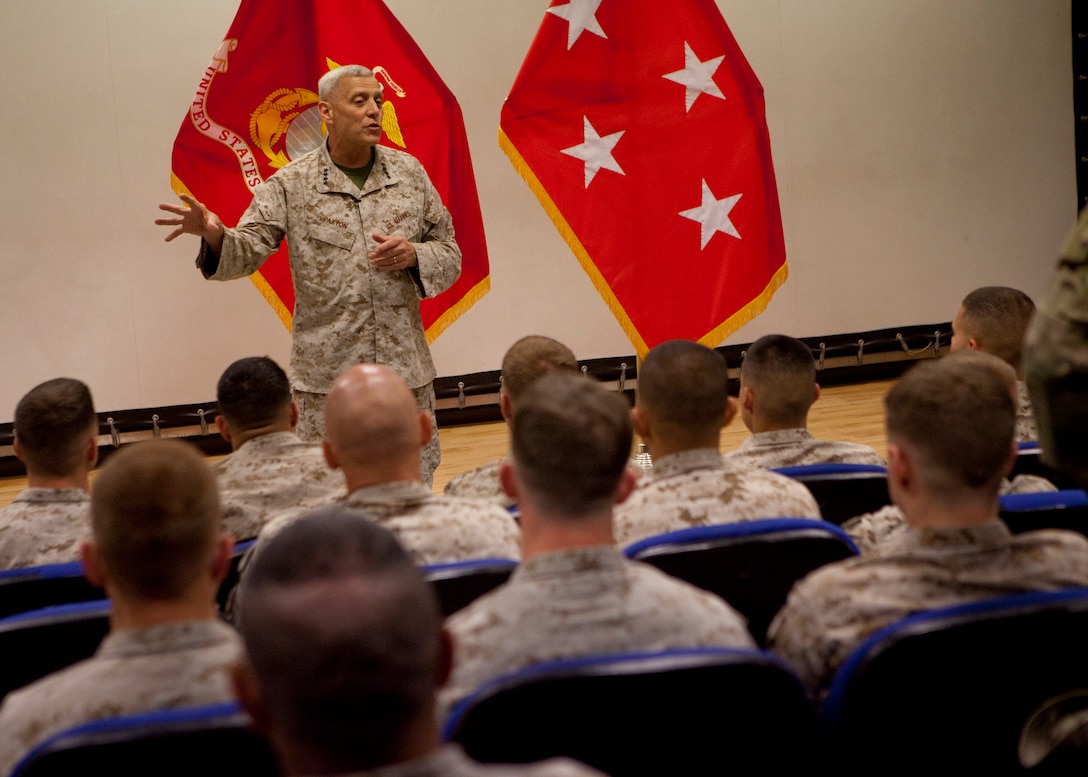 The Assistant Commandant of the Marine Corps, Gen. John M. Paxton, Jr., visits with the Marines at the International Security Assistance Forces Headquarters in Kabul, Afghanistan, July 20, 2014. (U.S. Marine Corps photo by Cpl. Tia Dufour/Released)
