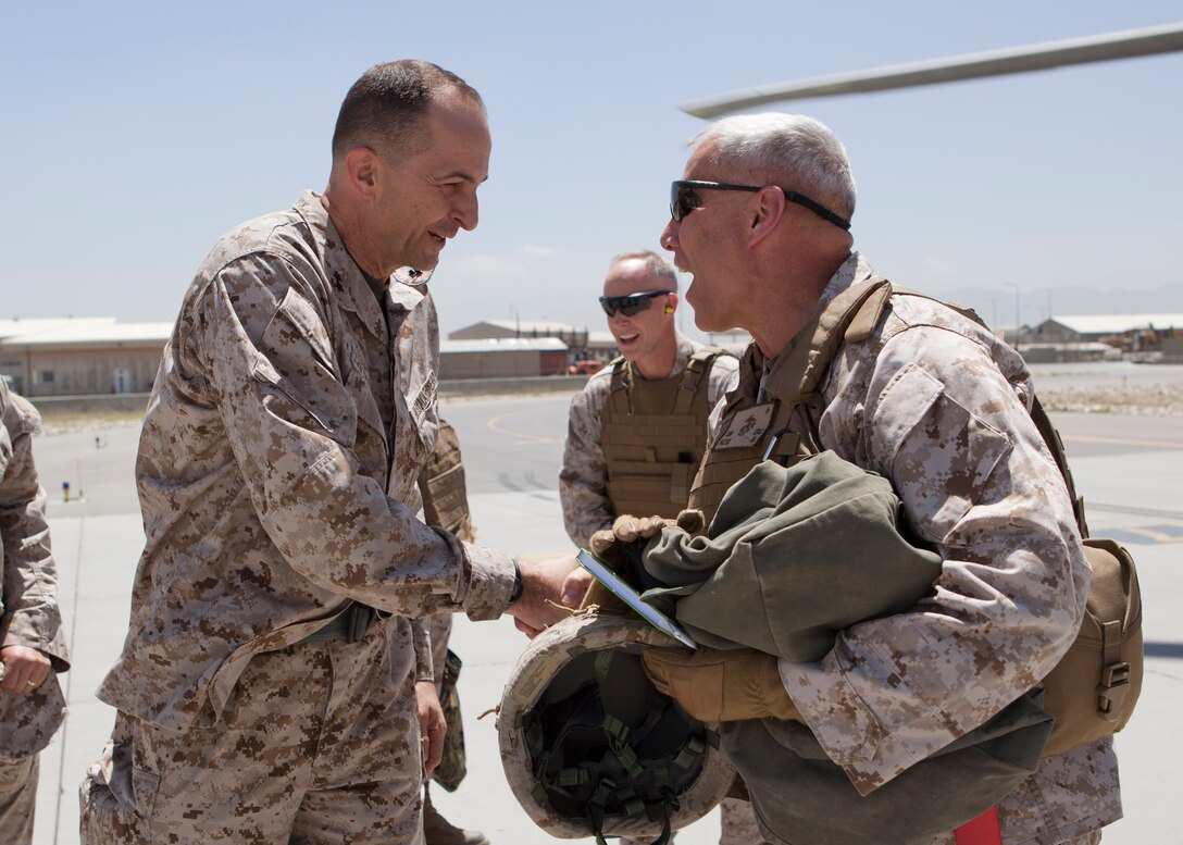 The Assistant Commandant of the Marine Corps, Gen. John M. Paxton, Jr., visits with Marines in Kabul, Afghanistan, July 20, 2014. (U.S. Marine Corps photo by Cpl. Tia Dufour/Released)