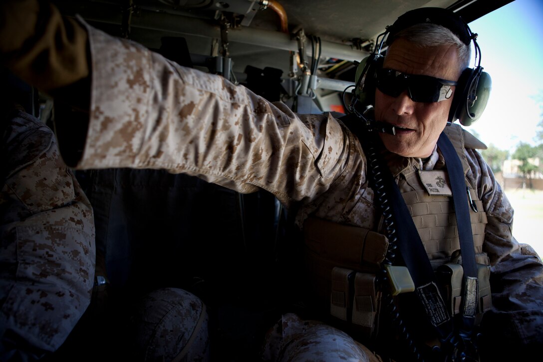 The Assistant Commandant of the Marine Corps, Gen. John M. Paxton, Jr., says farewell to the Marines at the International Security Assistance Forces Headquarters in Kabul, Afghanistan, July 20, 2014. (U.S. Marine Corps photo by Cpl. Tia Dufour/Released)
