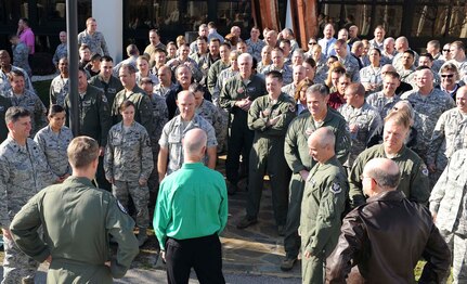 Florida Gov. Rick Scott talks with Florida Air National Guardsmen from the 101st Air and Space Operations Group, which provides the manning for the 601st Air and Space Operations Center, during a visit to Tyndall Air Force Base, Fla., Jan. 5, 2011. Scott came to Tyndall to visit with the Airmen and to see firsthand the capabilities and assets Tyndall has to offer.