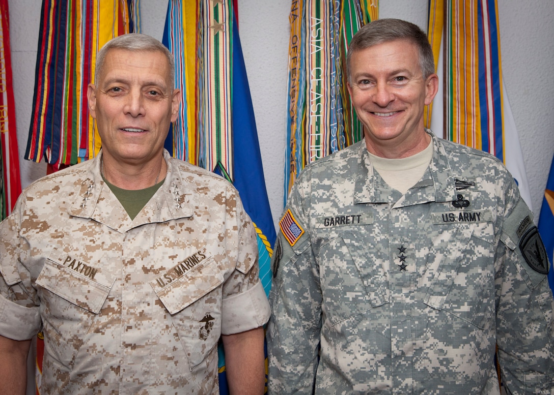 The Assistant Commandant of the Marine Corps, Gen. John M. Paxton, Jr., left, poses for a photo with U.S. Army LTG Garrett at Patch Barracks in Stuttgart, Germany, July 22, 2014. (U.S. Marine Corps photo by Cpl. Tia Dufour/Released)