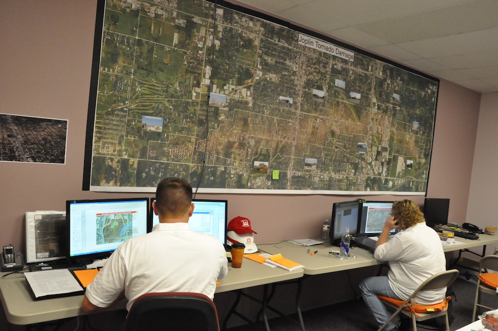 The Army Corps' GIS Cadre working at the Corps' Recovery Field Office in Joplin, Missouri after a multiple-vortex tornado struck Joplin on May 22, 2011. 