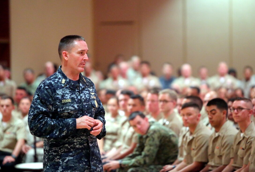Master Chief Petty Officer of the Navy, Mike Stevens, visited with sailors aboard Marine Corps Base Camp Pendleton, Calif., July 18, 2014. During his visit Stevens took open questions from sailors to see what they were most concerned about.