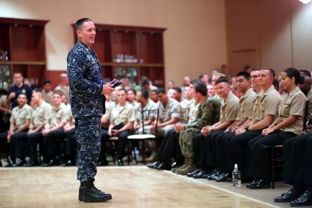 Master Chief Petty Officer of the Navy, Mike Stevens, visited with sailors aboard Marine Corps Base Camp Pendleton, Calif., July 18, 2014. During his visit Stevens took open questions from sailors to see what they were most concerned about.