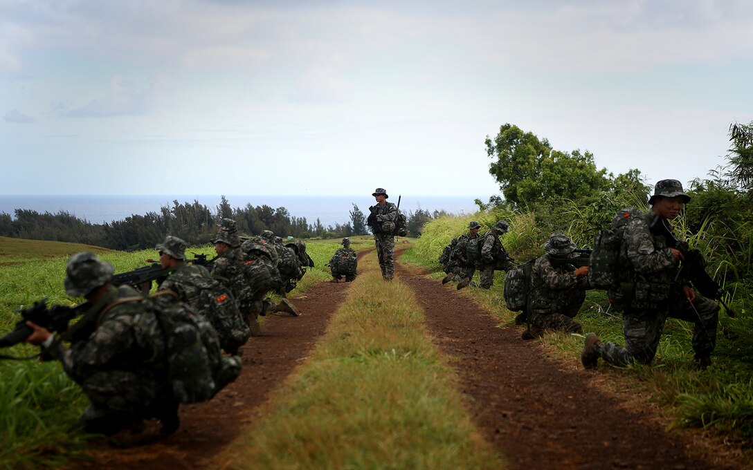 KAHUKU TRAINING AREA, Hawaii - Republic of Korea Marines with 1st Company, 1st Battalion, 3rd Regiment, prepare to step off on a movement conduct a simulated assault of radio hill at the Kahuku Training Area, Hawaii, July 11, 2014. The ROK Marines are attached to Company Landing Team 1 during the 2014 Rim of the Pacific exercise, and are partnered with U.S. Marines as well as attachments from the New Zealand Army. The world's largest international maritime exercise, RIMPAC provides a unique training opportunity that helps participants foster and sustain the cooperative relationships that are critical to ensuring the safety of sea lanes and security on the world's oceans. RIMPAC 2014 is the 24th exercise in the series that began in 1971. (U.S. Marine Corps Photo by Cpl. Matthew Callahan)