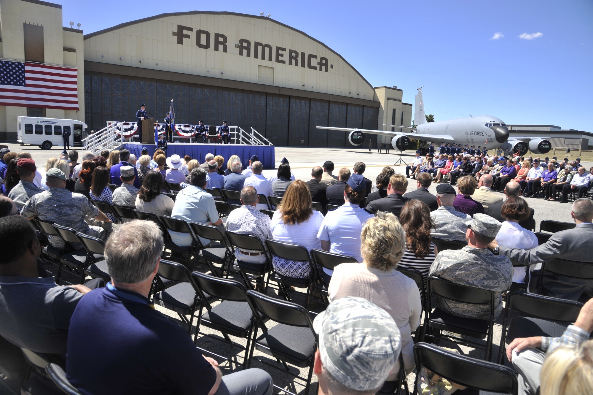 Community members from around Washington state and Team Fairchild Airmen and families attended the 92nd Air Refueling Wing change of command July 25, 2014. During the ceremony, Col. Brian Newberry relinquished command to Col. Charles "Brian" McDaniel. (U.S. Air Force photo by Senior Airman Mary O'Dell/Released)