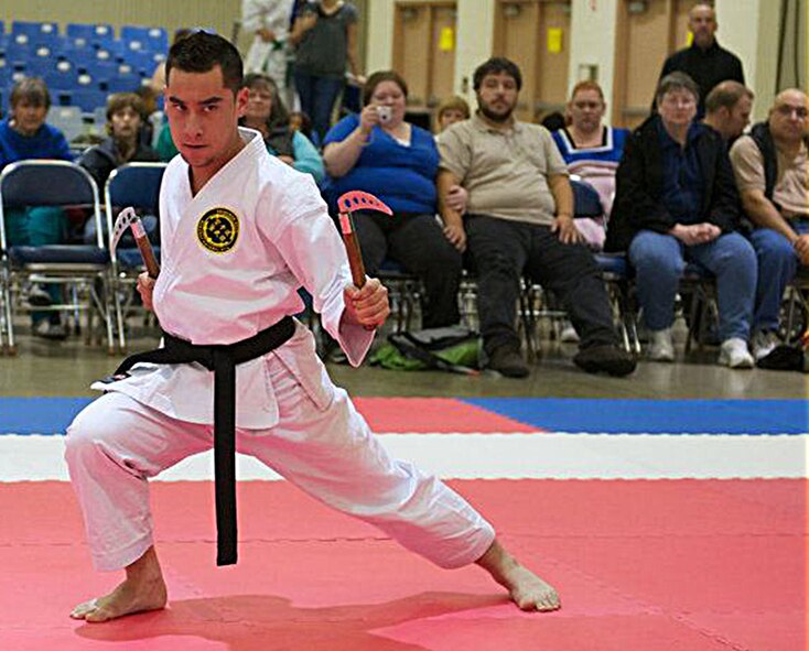 Senior Airman Delano Andres, 446th Security Forces Squadron, McChord Field, Washington, has a second degree master black belt in Okinawan karate.  (Courtesy photo)